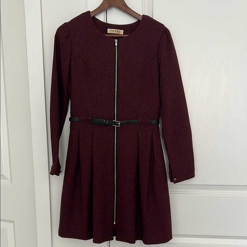 Elegant Burgundy Dress with Belt